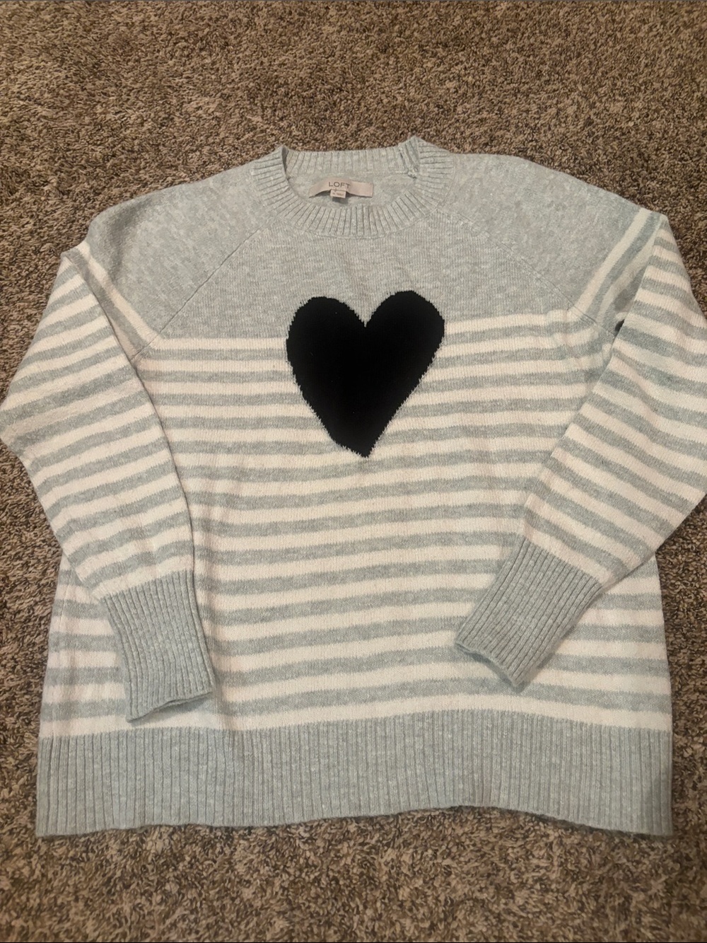 LOFT Gray & White Striped Heart Crewneck Sweater